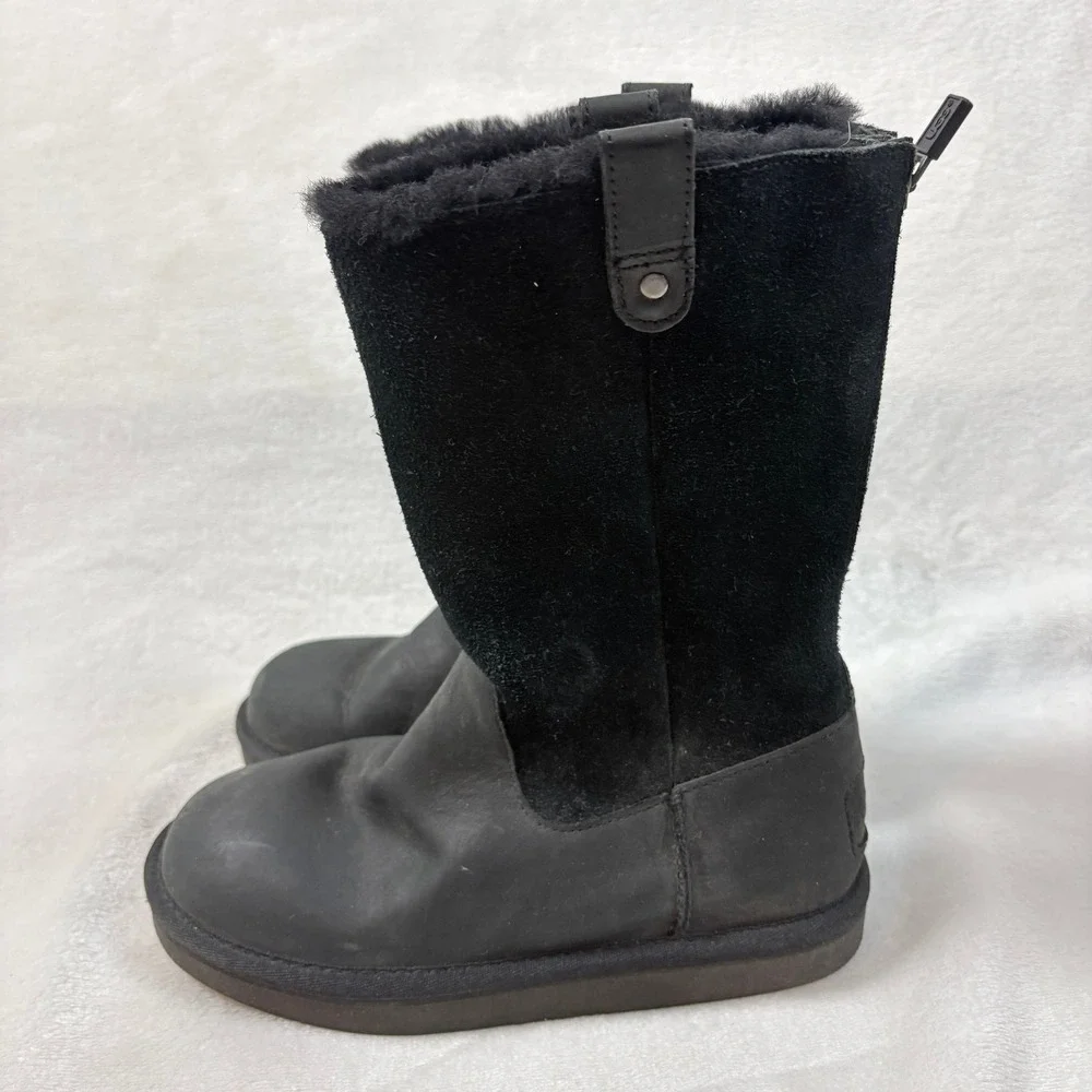 UGG Boots Kids Size 2 Black Good Leather Suede Back Zip Faux‎ Fur 1013287K